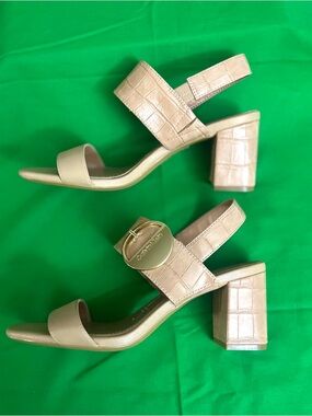 Calvin Klein Beige Croc-Embossed Block Heel Sandals